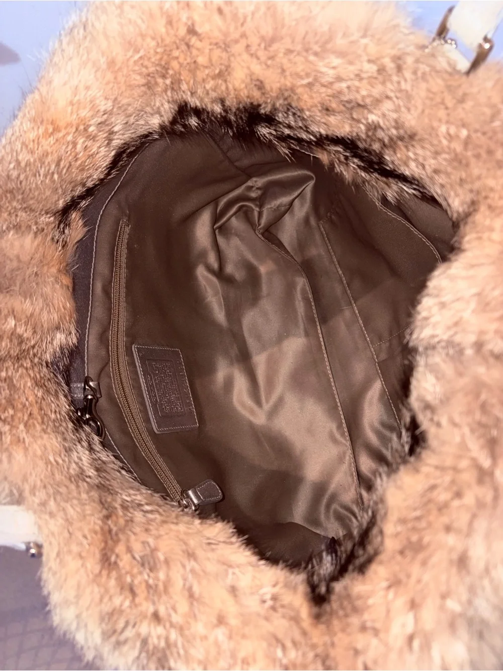 RARE Fox Fur Coach Beige Suede Fur-Trim Shoulder Bag with Pink & Lime Charm